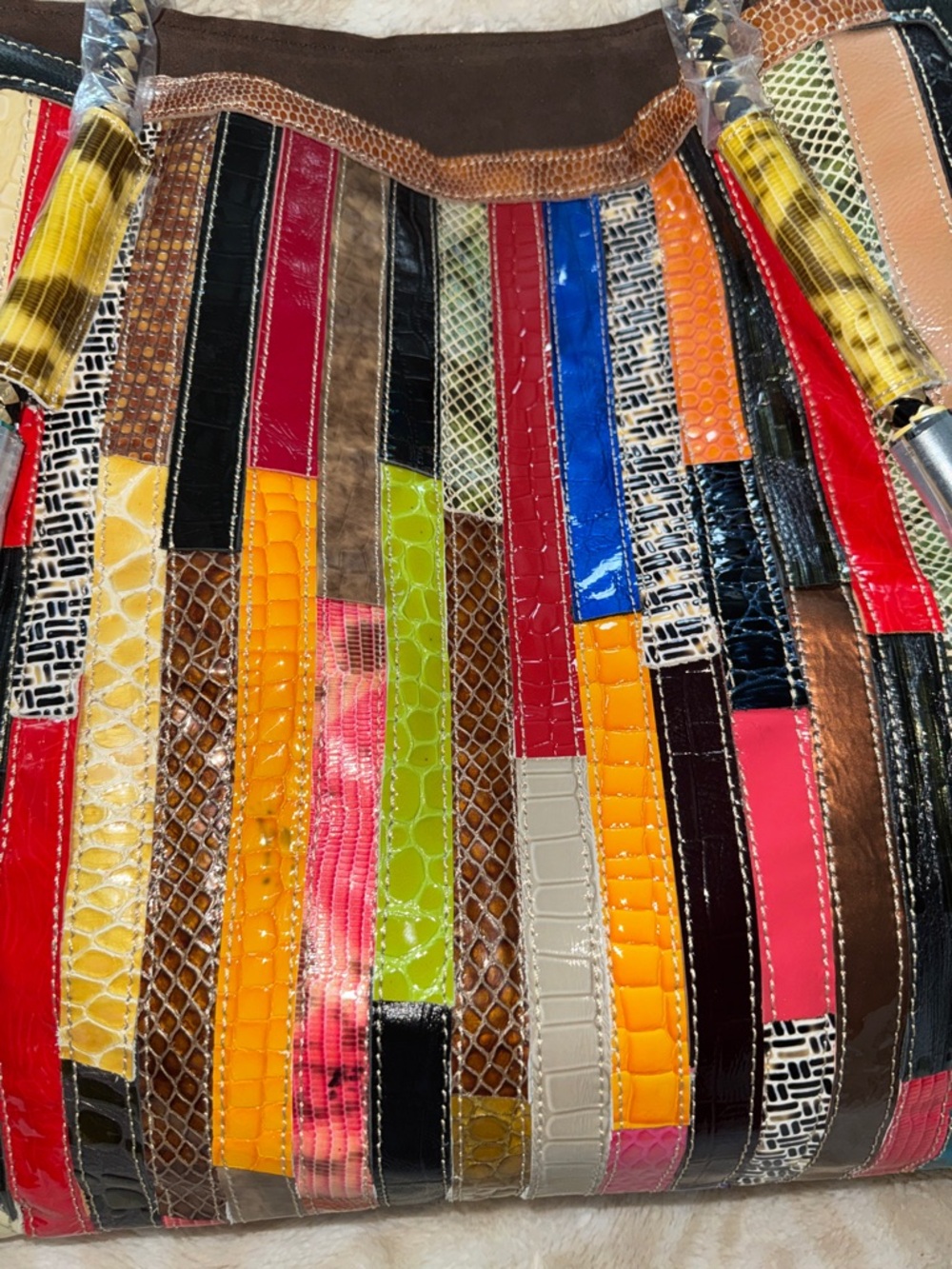 Multicolor Patchwork Oversized Patent Leather Tote Handbag Women's NWOT - Picture 7 of 15